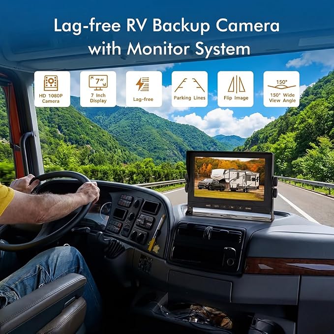 7-Inch HD 1080P Wired Backup Camera System – IP69 Waterproof Night Vision Camera + 43ft Extension Cable – for RV Truck Trailer Tractor Heavy Equipment – Plug and Play (Monitor + 1 Camera)