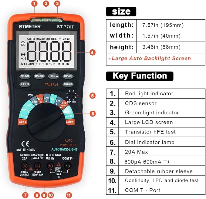 True RMS Digital Multimeter Tester 6000 Counts AC DC 20A Ohmmeter Voltmeter DMM Measure Voltage Current Amp Resistance Diodes Continuity Duty-Cycle Capacitance Temperature (BTMETER BT-770T)