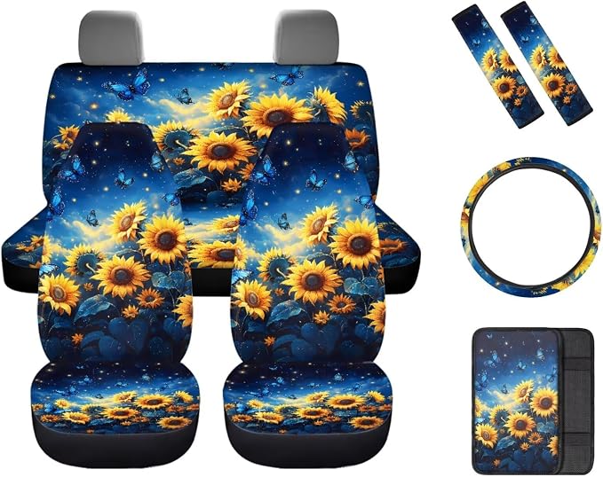 8 Pcs Sunflower Butterfly Car Interior Accessories Set for Women, Car Seat Covers Full Set with Auto Steering Wheel Cover Auto Center Console Pad Seat Belt Covers