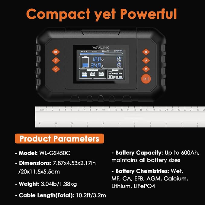 WAVLINK 450W Smart Battery Charger, Max. 35A Trickle Charger with LCD Display, for 6V/12V/24V Lead-Acid/Lithium/LiFePO4 Batteries, Battery Maintainer and Desulfurizer for Cars, Boats, Motorcycles