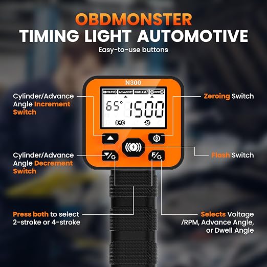 N300 Pro Digital Timing Light with Voltage Test & Dwell Angle, and Advance Angle & RPM, 2.6" LCD High-Definition Backlit Display, Works on 12V Gasoline Engines (2/4 Stroke)