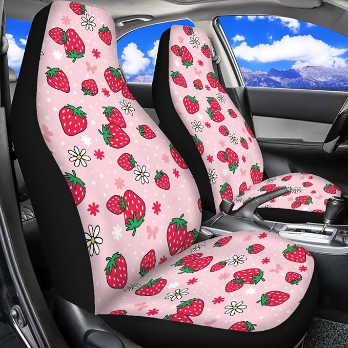 Cute Strawberry 11 Pieces Car Seat Covers Sets with Auto Seat Belt Cover Steering Wheel Cover Gear Lever Cover Hand Brake Cover Car Decor Accessories Fit for Cars SUV