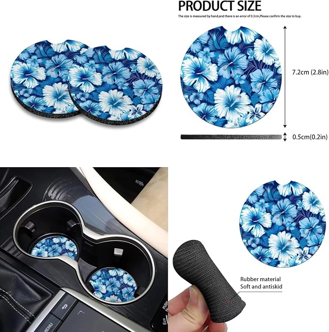 Howilath Blue Hibiscus Flower Car Front Seat Cover 10 Pack Auto Accessories with Center Console Cover+Steering Wheel Cover+Seatbelt Pads+Keychain+Coasters Fit Most Vehicle