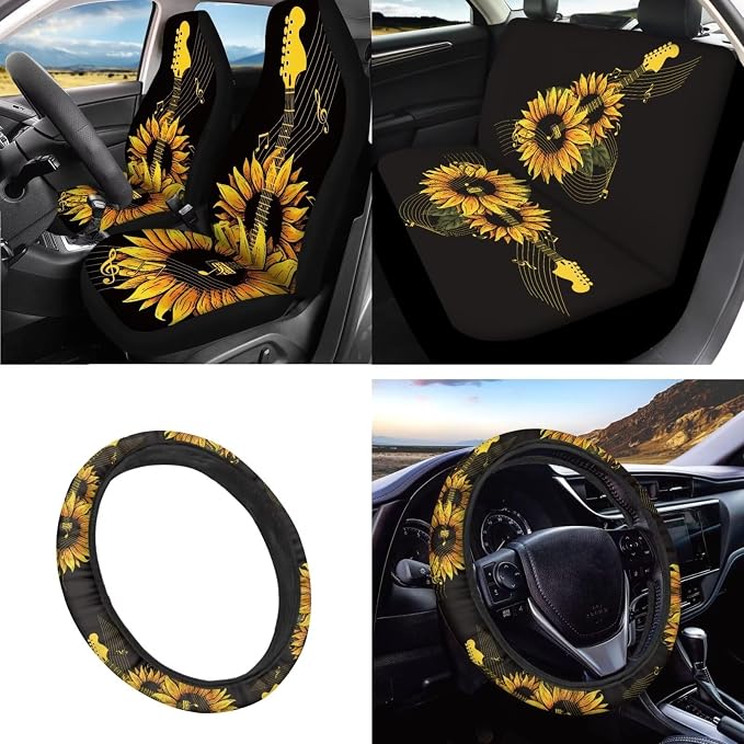 INSTANTARTS Sunflower Guitar Car Seat Cover Set - 13 Car Accessories Including Steering Wheel, Seat Belt, Coaster, Keychain, Lipstick Covers - Universal