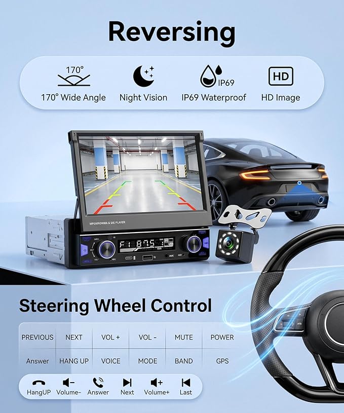 7 Inch Single DIN Flip Out Car Stereo with Wireless CarPlay & Android Auto-IPS Touchscreen, Bluetooth 5.0, Backup Camera, SWC, FM/AM Radio, Type-C Fast Charging | Universal Fit