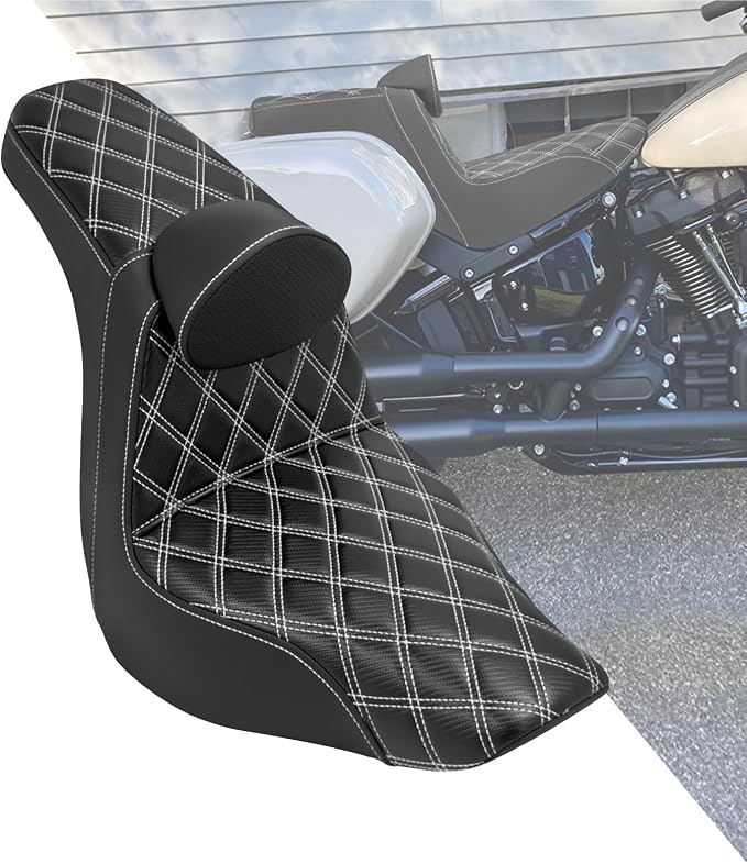 Motorcycle Seat Driver Passenger Seat with Backrests for Harley Low Rider Low Rider S ST 2018-up (Black with white stitching)