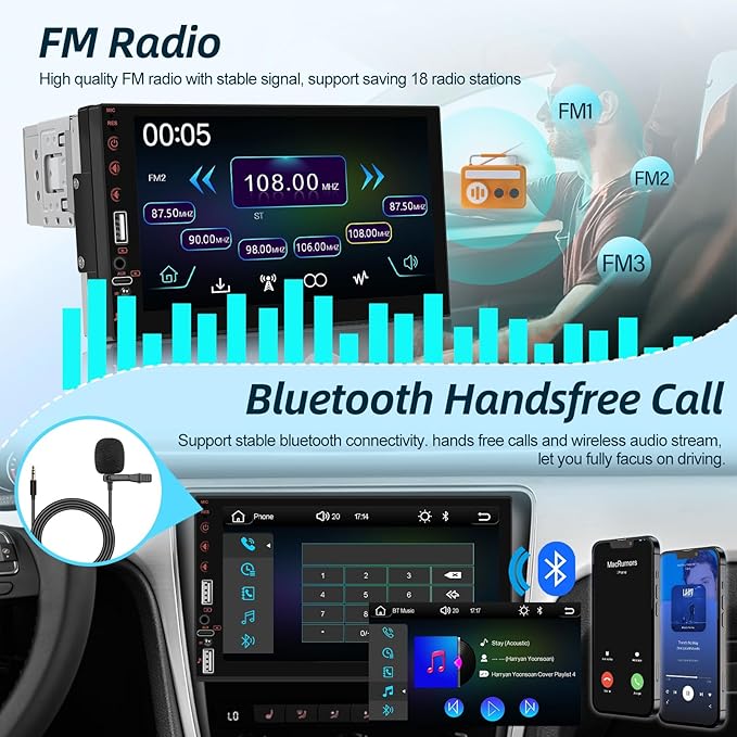 NHOPEEW Single Din Stereo with Wireless Carplay and Android Auto - 7 Inch Touch Screen Car Radio - Online Video/EQ Audio/Mirror Link/SWC/Bluetooth/FM/USB Charging + 12leds Backup Camera
