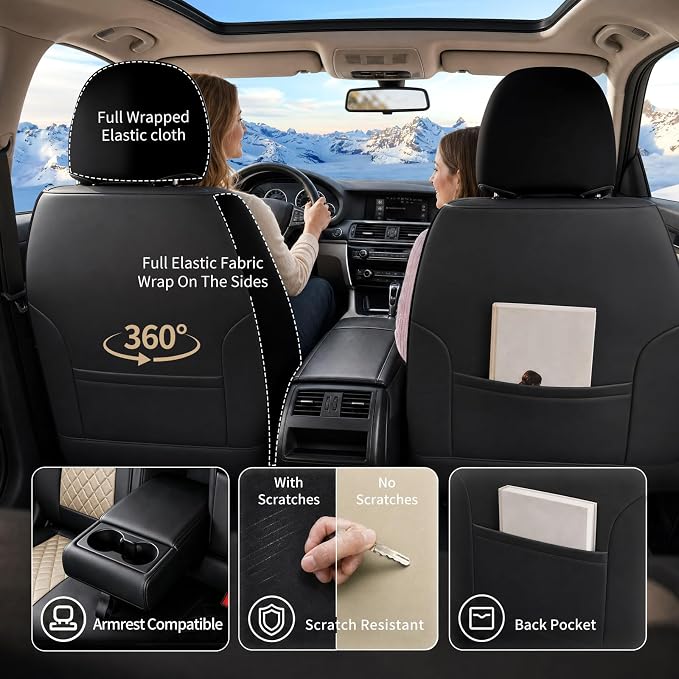 Fit Edge Car Seat Covers for Ford Edge 2007-2025 2026 - Luxury Leather, Anti-Slip, All-Weather Seat Cushions, Waterproof & Breathable, Airbag Compatible, Full 5-Seat Set (Beige)