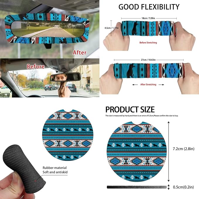 Blue Tribal Horse Car Seat Covers Set of 15 with Universal Steering Wheel Cover, Rearview Mirror Cover, Car Trash Can, Seatbelt Pads, Cup Holder Coasters, Keychains
