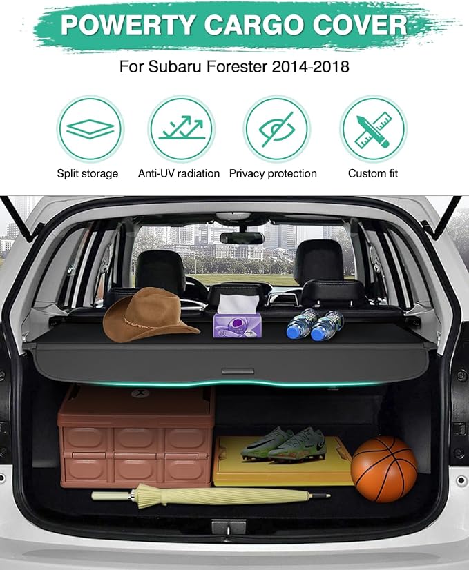 Powerty Retractable Cargo Cover for 2014-2018 Subaru Forester(Manual Tailgate)-Canvas Texture Trunk Cover Privacy Screen Rear Security Shade for Forester Accessories (Not for Electric Tailgate)