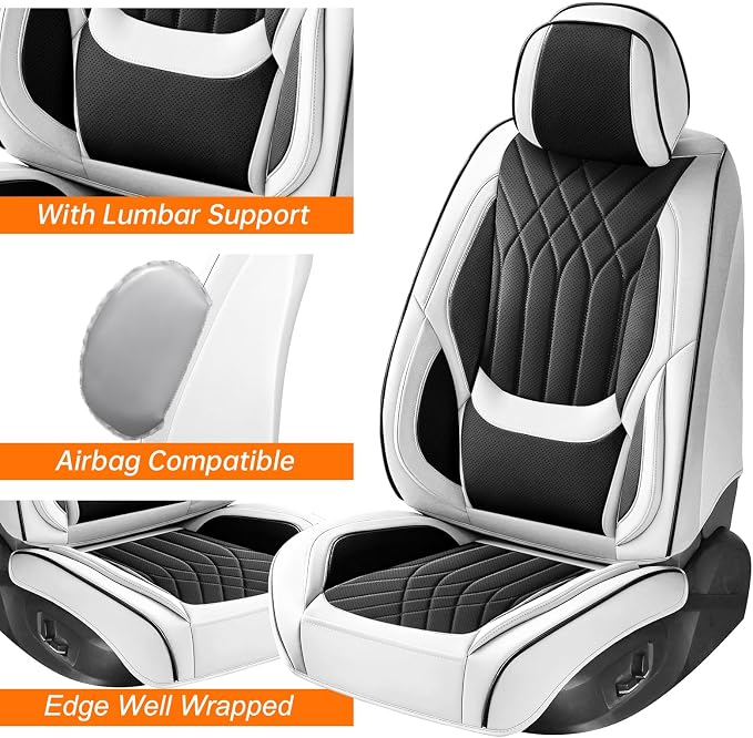 Black White Car Seat Covers Front Seats, Luxury Leather Automotive Seat Covers with Lumbar Support, White Car Inner Accessories Seat Protector Universal Fit for Most Cars Trucks Pick-ups SUVs