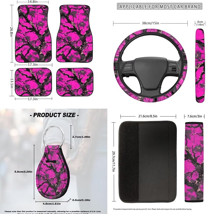 Twig Prints Car Accessories Set of 18, Car Seat Covers Full Set with Auto Steering Wheel Cover Floor Mats Armrest Pad Covers Seat Belt Pads Roof Handle Wraps Cup Coaster Keychain