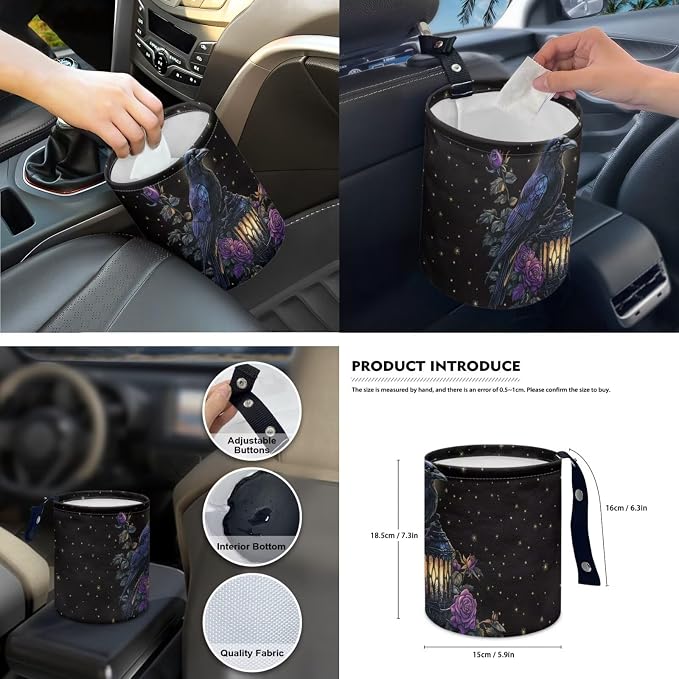 Floral Raven Car Aaccessories Full Set of 15 Pcs, Goth Car Seat Covers Set with Rear View Mirror Cover,Steering Wheel Covers,Car Trash Can with Lid for Women Man,Universal Fit