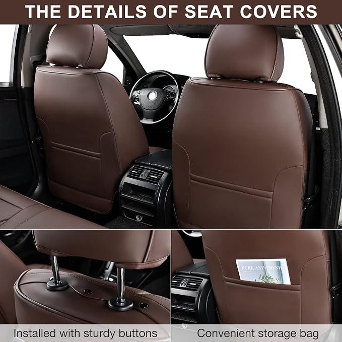 TIEHESYT Brown Car Seat Covers Full Set, Breathable Leather Automotive Front and Rear Seat Covers & Headrest for Reduce The Driving Fatigue, Compatible with Most Vehicles, Cars