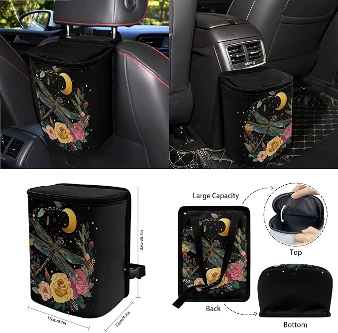 Dragonfly Roses Floral Moon Print Car Seat Cover Sets Steering Wheel & Seat Belt Cover Trash Bin Air Vent Storage Box Front Rear View Mirror Cup Holder Keychain 15Pcs Car Accessories