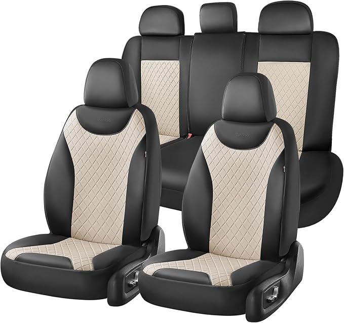 Coverado Car Seat Covers Full Set, Leather Seat Covers for Cars, Waterproof Car Seat Protectors, Front and Back Seat Covers Car Seat Cushions Universal Fit for Most Sedans, SUV, Trucks, Black & Beige