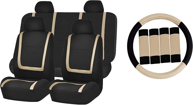 FH Group Automotive Seat Covers Unique Flat Cloth Beige Full Set, Combo Steering Wheel Cover and Seat Belt Pads Rear Solid Bench Universal Fit for Vans Cars Trucks and SUV Interior Accessories
