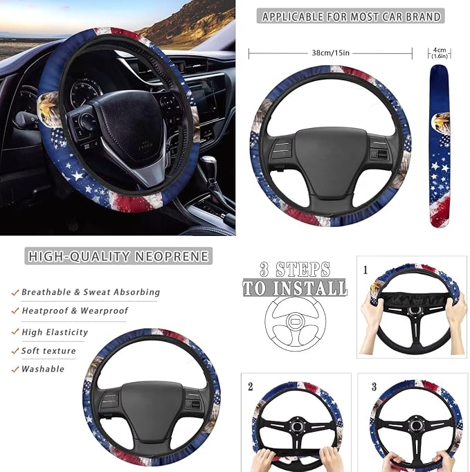 Wanyint Car Seat Covers Set 12 Pieces, Auto Seat Protector Steering Wheel Seat Belt Armrest Pad Handbrake Gear Shift Cover Coasters US 250th Anniversary Car Decor, American Flag Eagle Splash
