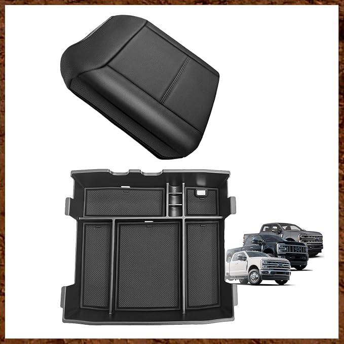 Muslogy Center Console Organizer(Fit With OEM Tray) (Black)& Extra Thick Armrest Cover (Bucket Seat Only) Compatible with Ford F250 2023-2024