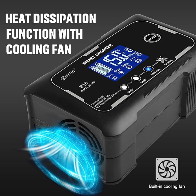 Battery Charger, Smart 0-15A 12V/24V Trickle Charger, Portable Car Battery Charger with 9 Stages of Charging for LiFePO4, Lead Acid, and Lithium Batteries, with Battery Repair Function