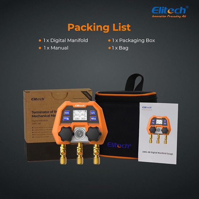 Elitech Smart Digital Manifold Gauge DMG-4B, 3-Way HVAC Refrigerant Tester with Bluetooth, OTA Remote Upgrade, 140+ Refrigerants Support, R410A R134A R22, Advanced Modes Expandable via App