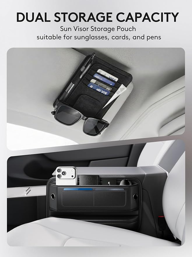 2 Pack Car Seat Gap Filler Organizer with Sun Visor Organizer, PU Leather Seat Gap Filler for Phone, Keys, Cards & Sunglasses, Front Seat Storage Side Pocket for Cars SUVs Trucks