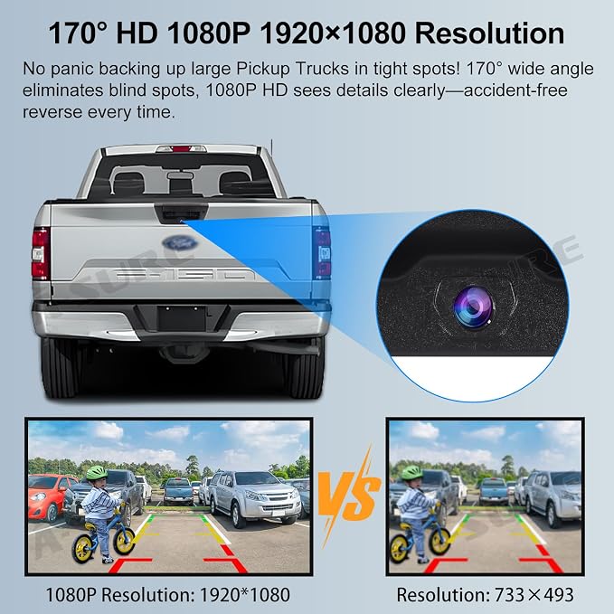 ASURE Tailgate Handle Backup Camera for Ford F150 2015-2020 | 1080P HD, 170° Wide Angle, Night Vision, IP68 Waterproof, RCA Plug, Switchable Guide Lines for Trucks & Tight Parking