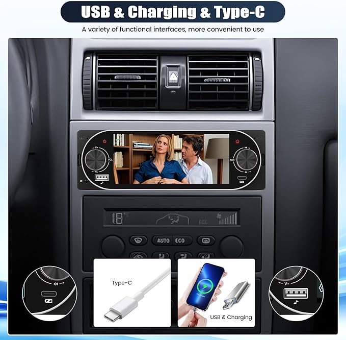 Single Din Touchscreen Car Stereo with Wireless Carplay&Android Auto,5.1" Car Radio MP5 Player with Bluetooth FM Radio EQ Car Audio with USB/Type-C SWC+Backup Camera