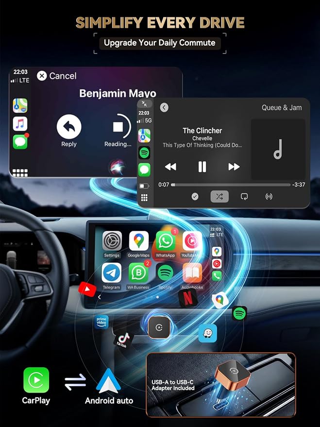 2026 Wireless CarPlay & Android Auto Adapter, Mini 2-in-1 Plug & Play Dongle Converts Wired to Wireless – Auto Reconnect, Low Latency, Works with iOS 10+ & Android 11+ for After 2016 Cars