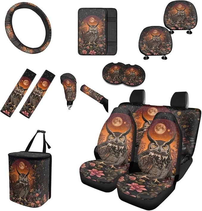 Moon Floral Owl Car Seat Covers Full Set 15 Pcs Car Accessories Including Steering Wheel Cover Seat Belt Pad Trash Can Car Headrest Pillow Covers Armrest Pad