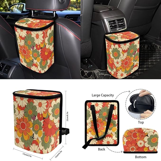 15 Pcs Abstract Groovy Flower Car Seat Cover Full Set for Women with Car Steering Wheel Cover Seat Belt Cover Trash Bin Front Rear View Mirror Car Cup Holder Keychain