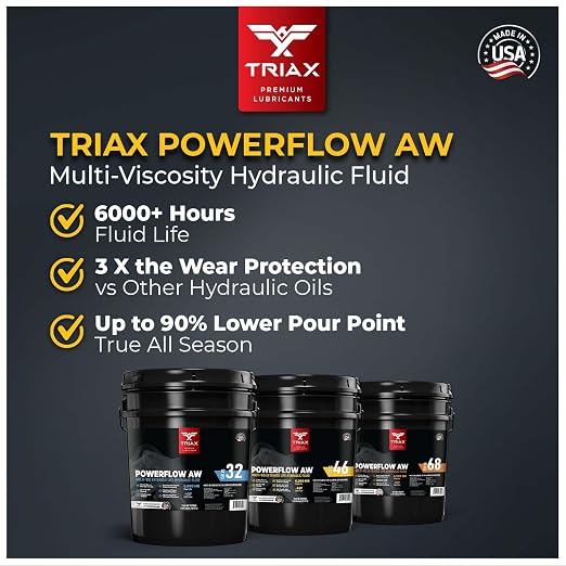 TRIAX Powerflow AW 46 Multi-Viscosity HLP Hydraulic Oil | 6,000 Hour Extended Life | Triple Anti-Wear | True All Season | Pour Point Down to -40F | Virtually Zero Foaming (5 Gallon)