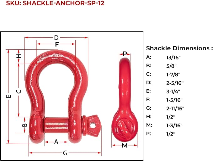 Mytee Products 1/2" Anchor Shackle Forged Carbon Steel w/Alloy Screw Pin Load Limit # 2.0 Tons (4,000 lbs) | Double Rust Protection HD D Ring Shackle for Towing, Rigging & Vehicle Recovery (10 Pack)