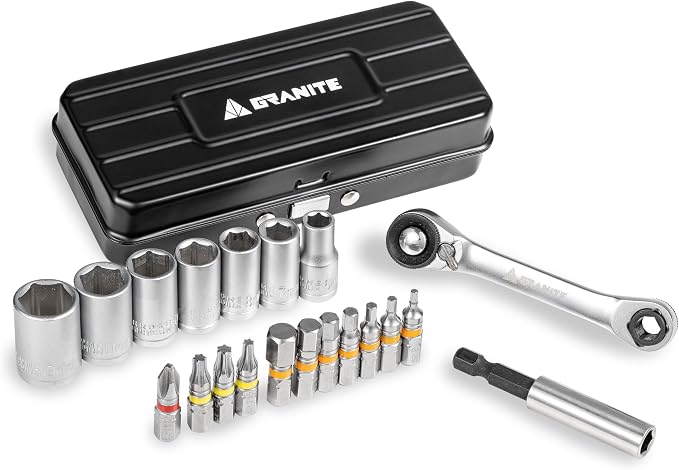 Granite Duet Hex Bit & Socket Ratchet Tool Kit with Dual-Head Wrench, Extension Rod, 7 Hex Sockets, and 11 Precision Bits (Black)