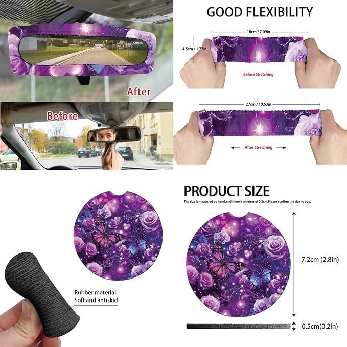 15 Pcs Purple Butterfly Auto Interior Accessories Car Seat Covers with Auto Steering Wheel Cover Seat Belt Covers Car Trash Can View Mirror Cover Coaster Keychains
