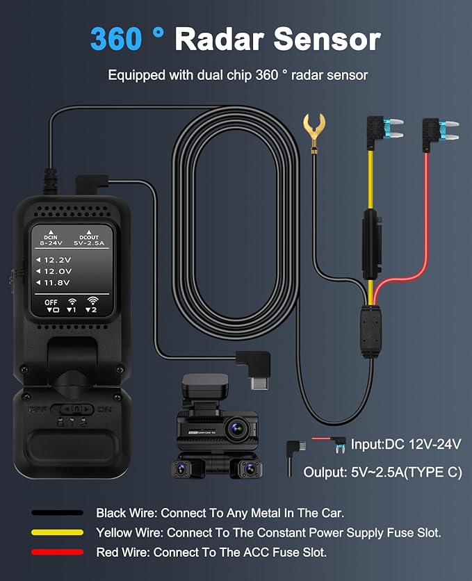 Dash Cam Hardwire Kit USB C Port,with Dual-Chip 360° Radar Sensor for 24H Parking Mode Dashcam, Dashboard Camera Car Charger Cable Kit 12V- 24V to 5V w/Fuse Kit, Low Voltage Protection (XJDCRL001)