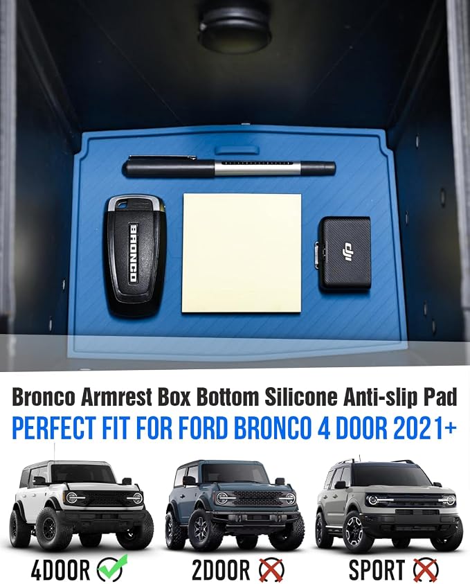 ROADER Bronco Armrest Box Bottom Anti-Slip Mat Fit for 2021-2024 Ford Bronco 2/4 Door Interior Accessories, Arm Rest Box Silicone Protective Pad, Waterproof Safe Environmentally Friendly-Blue