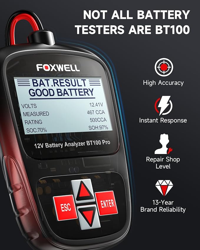 FOXWELL BT100 PRO 12V Car Battery Tester,100-1100CCA Battery Load Tester & Portable Carrying Case
