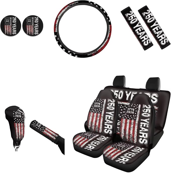 AFPANQZ 250 Years Pattern Car Seat Covers with Front & Rear Full Set with Steering Wheel Cover 15"+Gear Shift Knob Cover+Handbrake Cover+Seat Belt Shoulder Pads+Car Coaster Set of 11