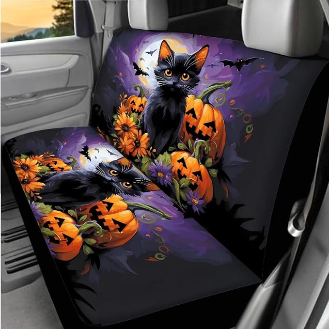 Black Cat Pumpkins Print Car Seat Covers Full Set with Car Steering Wheel Cover, Auto Armrest Pad Protector, Auto Seat Belt Pads, Automotive Halloween Decorations