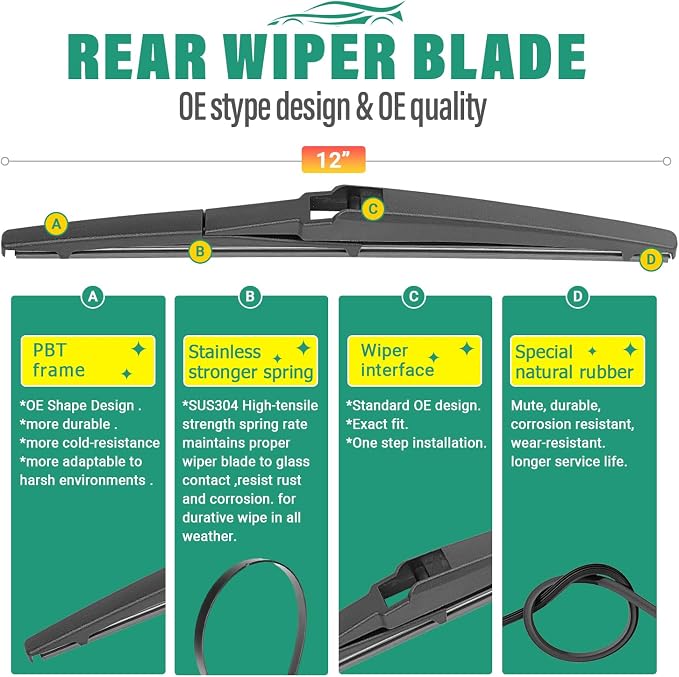 26" 14" 12" Windshield Wiper Blades Replacement for Toyota Yaris 2007 2008 2009 2010 2011 Yaris Hatchback Premium All Weather Front Rear Wipers Set - OEM Quality (Pack of 3)