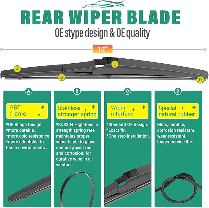 24" 19" 12" Windshield Wiper Blades Replacement for Dodge Journey 2009-2020 Premium All Weather Front Rear Wipers Set - OEM Quality (Pack of 3)