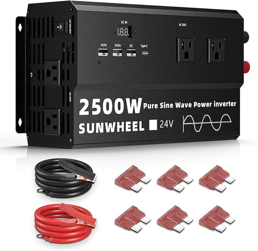 SUNWHEEL 2500W 24V Pure Sine Wave Inverter, 24V DC to 110V/120V AC Power Inverter for RV、Off Grid、Truck、Power Outage with 4 AC outlets and LCD Display