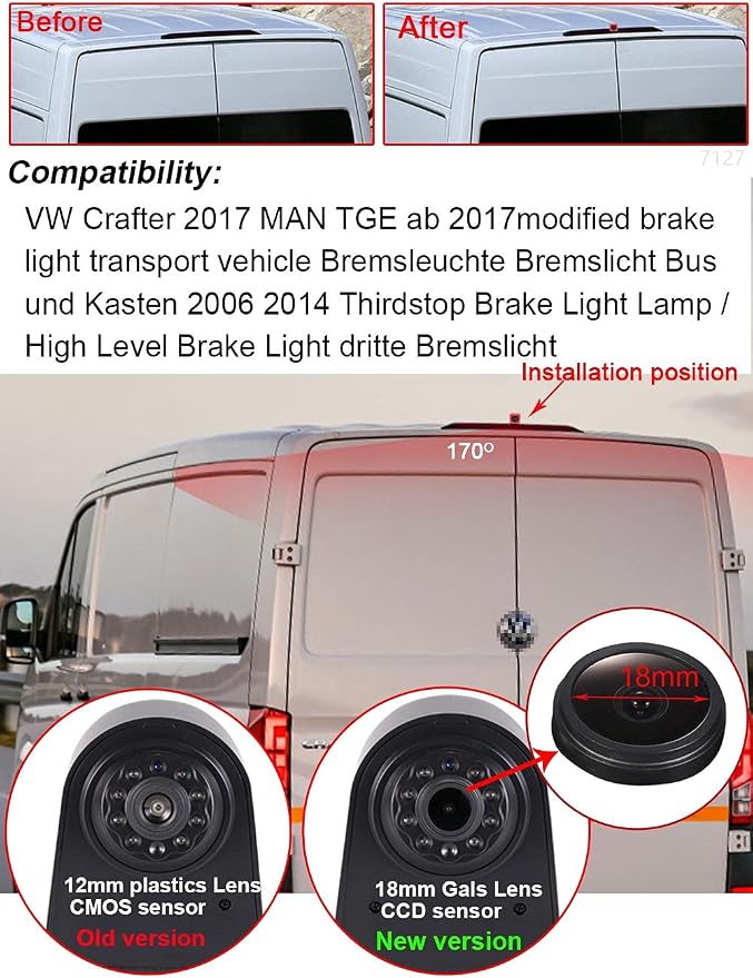 Caros 1280x720 Pixels 1000 TV Line 3rd Third Brake Light Reversing Camera Brake lamp Parking Camera Replacement VW Crafter 2017 Man TGE ab 2017 Back up Waterproof Night Vision+4.3inch Reverse Mirror
