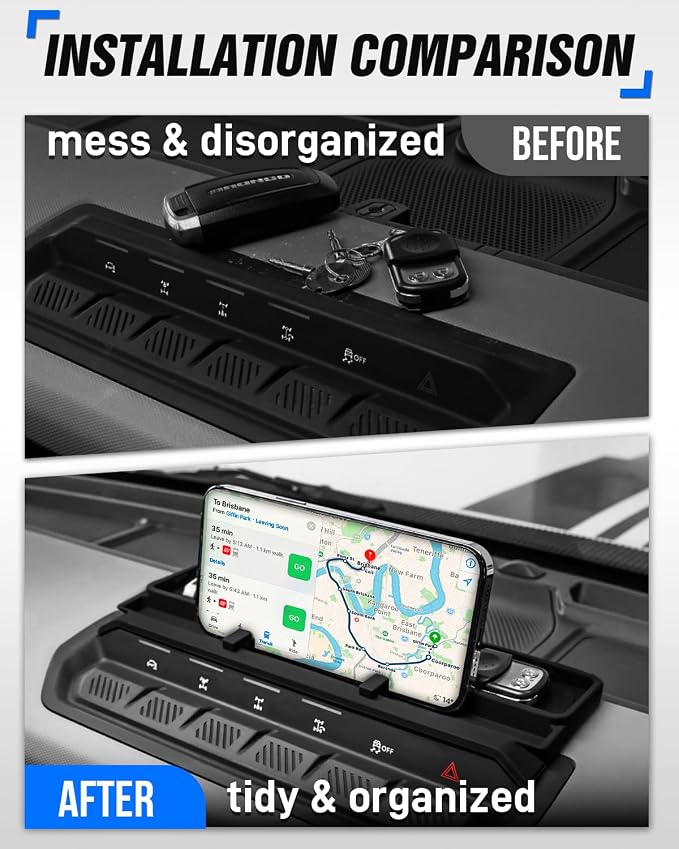 ROADER Bronco Center Console Organizer Compatible with 2021-2025 New Ford Bronco Interior Accessories, Dashboard Behind Screen Storage Tray with Phone Holder Dash Organizer-Black