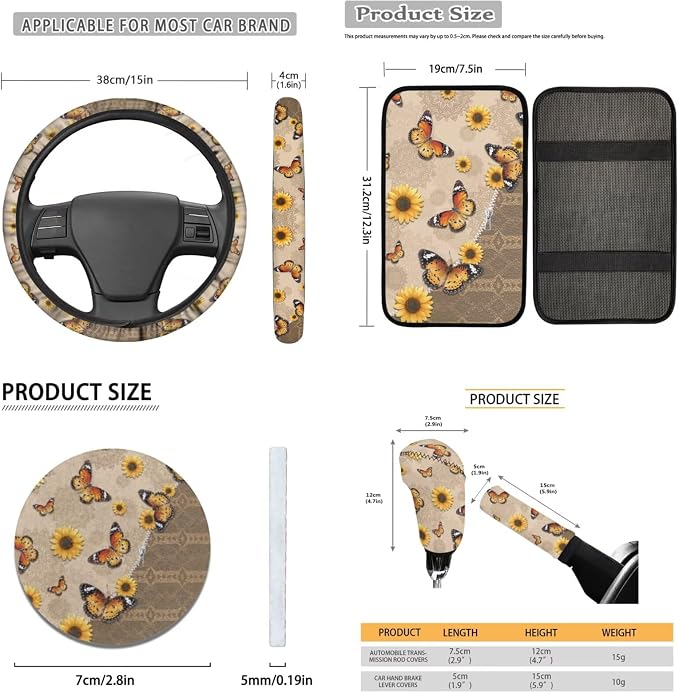 Lotusorchid Butterfly Print Car Seat Covers Full Set, Sunflower Printed Car Front Back Seat Covers Headrest Cover, Comfy Gear Shift Knob Protector Steering Wheel Cover Set of 16