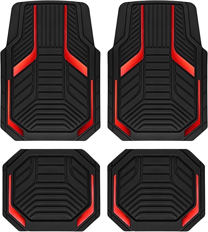 PIC AUTO Heavy Duty Rubber Floor Mats, Red Aluminum Film Car Mats Set, Front and Rear Car Mats with Anti-Slip Backing, All Weather Protection, Trim-to-Fit for Automotive SUV, Sedan, Van
