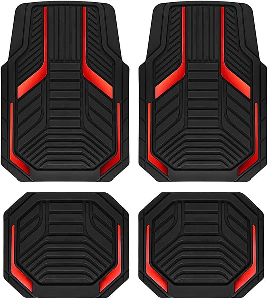 PIC AUTO Heavy Duty Rubber Floor Mats, Red Aluminum Film Car Mats Set, Front and Rear Car Mats with Anti-Slip Backing, All Weather Protection, Trim-to-Fit for Automotive SUV, Sedan, Van