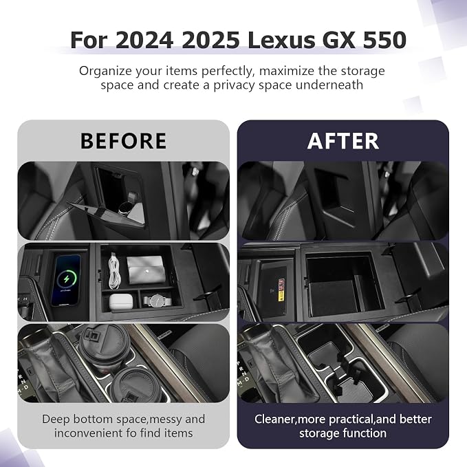 LUWU Center Console Organizer for 2024 2025 2026 Lexus GX 550 Accessories Hidden Box,Armrest Storage Box,Charging Protective Mat,Center Console Cup Holder GX550 Accessories 4-Pack (NOT FIT COOL BOX)