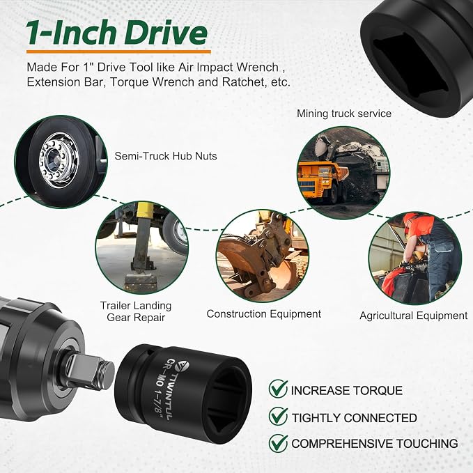 1-7/8" Impact Socket 1 Inch Drive for for Truck Axle Nuts, CR-MO | 6 Point Design Large Impact Socket, ANSI Certified, Heavy Duty Socket 1 Inch Drive , Hub Removal & Mining Equipment Repair